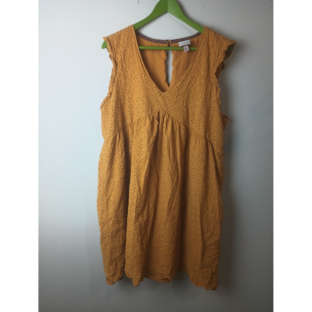 Knox Rose Mustard Yellow Eyelet Sleeveless V-Neck Dress XXL Boho Flutter Sleeve